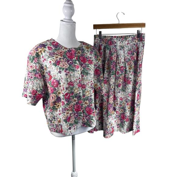 VTG 80s 90s Knit Floral Top Midi Skirt Outfit Set Sz XL Pleated Cottagecore Boho - Picture 1 of 12